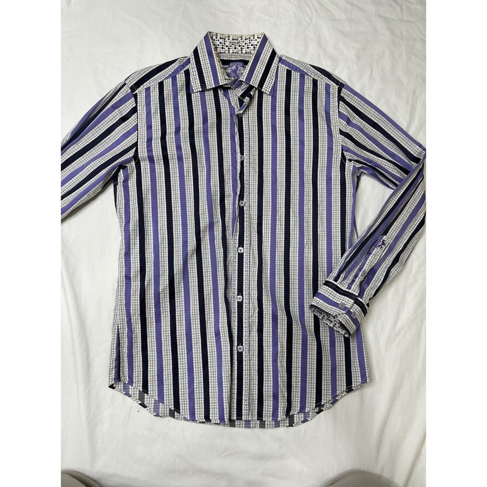Bugatchi Uomo Shirt Size Medium Blue Purple Button Up Long Sleeve Men Shaped Fit